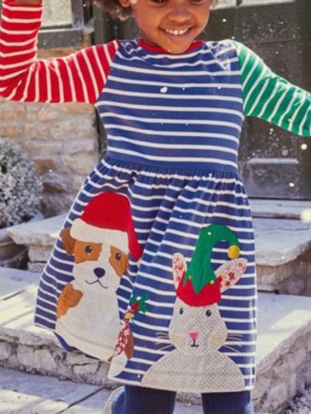 Mini Boden Navy & White Stripe Holiday Applique Dress with Red and Green Sleeves